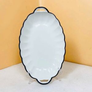 Đĩa Sứ Kim Cương Trắng Viền Đen 2 quai Decor Sang Trọng