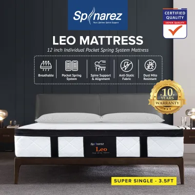 SpinaRez Leo Tilam Mattress 12 inch Individual Pocket Spring System + Euro Top Padding + Foam Encased Edge Support (King/Queen/Super Single/Single)