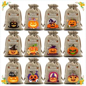 💖【Special price】💝CHUN ถุงกระสอบสำหรับวันฮาโลวีนพร้อมเชือกผูกปากถุงใส่ลูกอมของขวัญถุงเก็บของ12ชิ้น