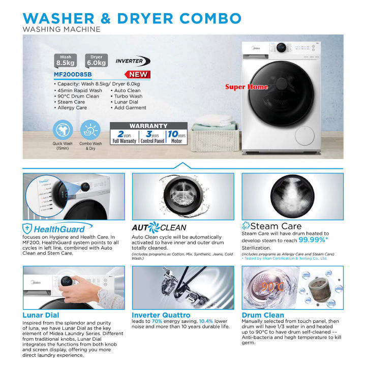 Midea Washer Dryer Combo 2 in 1 Washer (8.5kg) & Dryer (6kg) Front Load