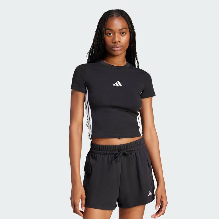 adidas Phong cách sống Áo Baby Tee Dáng Ôm 3 Sọc Essentials Nữ Đen ...