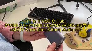 Type-C Adapter 11in1 Dongle With 4K HDMI VGA Type C PD USB3.0 RJ45 Ethernet SD/TF Card Reader