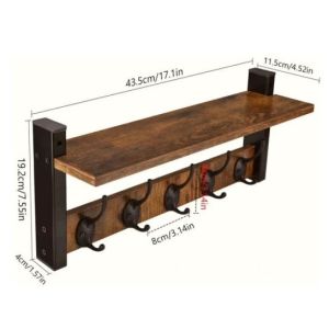 Wooden Wall-Mounted Shelf with 5 Dual Hooks Key Holder Coat Rack Entryway Hanging Shelf Bathroom Shelf Kitchen Organizer