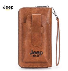 JEEP BULUO Leather Men Clutch Wallet Brand Purse For Phone Double Zipper Luxury Leather Clutch Bag Large Capacity