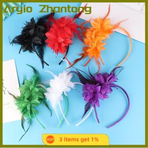 Aryio 1ชิ้นหมวกที่คาดผมหมวกขนนกดอกไม้ตาข่ายสำหรับงานปาร์ตี้ค็อกเทลงานแต่งงานอุปกรณ์ตกแต่งหัว