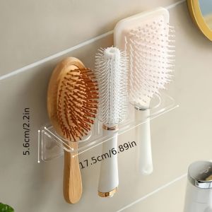 1pc Acrylic Comb Holder Wall Mount - Transparent Plastic Hair Brush Storage Organizer No-Drill - Vanity Bathroom Accessory Holds Multiple Brushes and Combs Electricity-Free Convenience