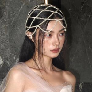 YAFEN Stylish s Weave Hat Retro Mesh Headdress Imitation Forehead Chain Headpiece Exquisite Bride Wedding Accessories