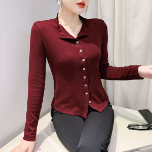 Yimei đầu thu Áo Sơ Mi Cotton Cổ Chữ V lá sen mới Áo cardigan nút lên màu hồng 2024 áo dài tay nữ thanh lịch