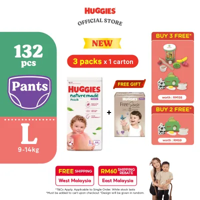[Cherish 30.09 - 02.10] Huggies Naturemade Peach Pants L44 (3 Packs) FOC Huggies Free Sense Pants Diapers L32