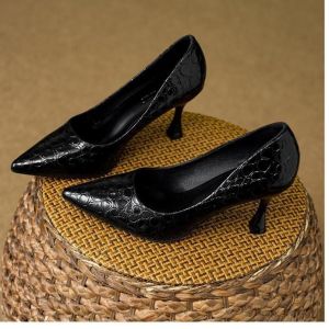 Free Shipping 2026 Spring/Autumn Collection: Elegant Round-Toe High Heels For Women New Style Stiletto Heels Shallow Pumps Stone Pattern Commute Work Shoes