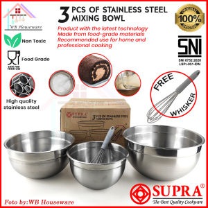 SUPRA panci mixing bowl set 3 21/25/29cm + egg whisk / mangkok stainless / baking pan  Supra SS Mixing Bowl Set (21 25 29 cm)