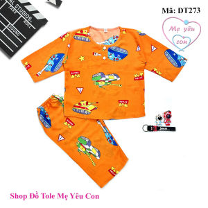 Bộ ngủ dài tay bé trai Size 3 (9-11kg). Vải tole/lanh 2 da loại 1 mát rượi. Có 2 nút cài trước cổ áo.