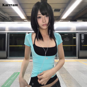 Karrram Áo Thun Hai Mảnh Giả Y2k Nhật Bản Áo Hai Dây Ngắn Tay Phong Cách Thập Niên 2000 Áo Thun Chắp Vá Cổ Điển Harajuku Mỹ Retro2026