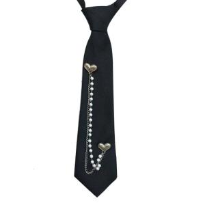 Punk Heart Pearls Beads Chain Tie for School Campus Adjustable Pre Tied Black Necktie for Students Teens Adults