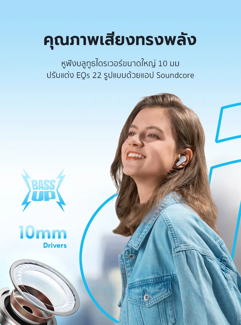 Soundcore R50i /R50i NC (P30i) หูฟังบลูทูธ สายหูฟังไร BassUp หูฟังไร้สาย บลูทูธ 5.3 EQ และกันน้ําระดับ IPX5, Game Mode