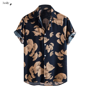 Hawaiian Shirt Men Black Summer Fashion Casual Printed Short Sleeve Top Blouse Dry Fit Shirt For Men