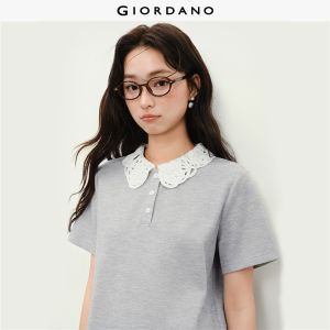 Giordano Women Lace collar short sleeve polo shirt Free Shipping 18316505