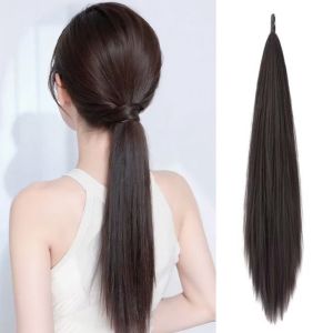 OMQAIO 24 inch Tóc giả tết tổng hợp Quấn quanh linh hoạt Thanh lịch Tóc giả thẳng ngắn Phụ kiện tóc Tự nhiên Tóc đuôi ngựa dài tự xoăn Nữ