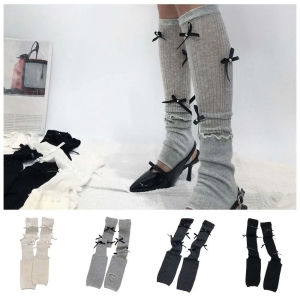 MQU19 Bông JK vớ bắp chân Lolita Nơ Tất Dài có nơ Thời trang phong cách Miu Màu trơn Vớ cao đến đầu gối Ba Lê