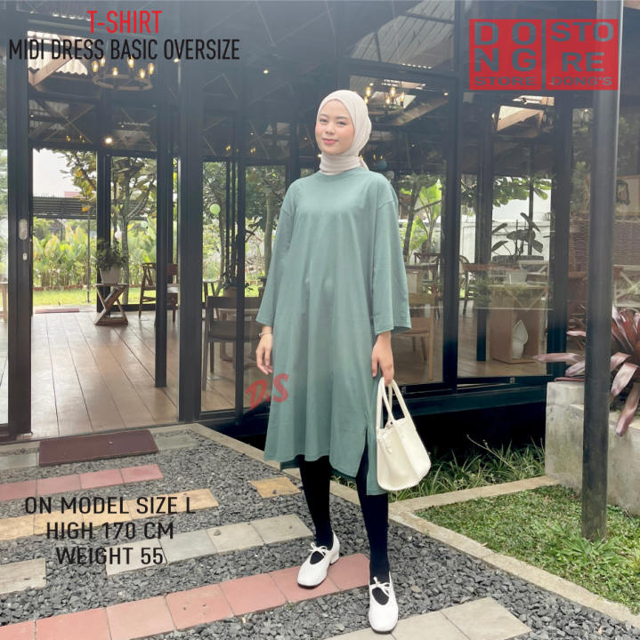 Kaos Polos Tunik Oversized Wanita Tshirt Midi Long Dress Baju