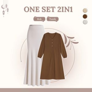 Setelan Outfit Wanita Kekinian 3in1 (Tunik Polos - Rok - Pasmina) OOTD One Set For Raya HO185N