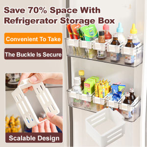 Retractable refrigerator hanging box Drill-free storage box Adjustable storage box Snap-on refrigerator side door hanging basket Sauce bag storage basket