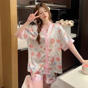 วัสดุผ้าไหมแขนสั้นลายการ์ตูนวาดเย็นแฟชั่นฤดูร้อนสำหรับผู้หญิง