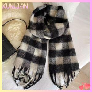 [KUNLIAN] ผ้าพันคอลายตารางหมากรุกผ้านิ่มสำหรับผู้หญิงผ้าพันคอหนาแบบวินเทจใช้ได้สองอย่างให้ความอบอุ่นในฤดูหนาว
