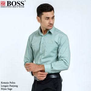BOSS Kemeja Polos Pria Lengan Panjang Hijau Sage