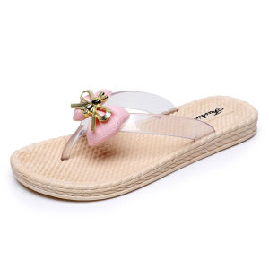 [Free Shipping] Cute Bowknot Flip-Flops for Women Summer Outdoor Wear Flat Non-Slip Durable Soft Sole Comfortable Beach Sandals