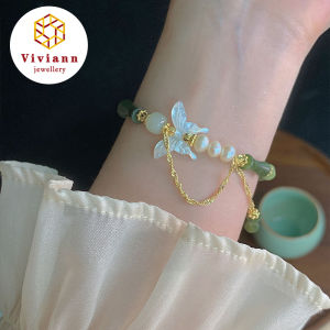 Viviann Original sterling silver New Chinese Style Bamboo Knot Butterfly Small Flower Jade Bracelet Green Beaded Charm Bracelets Jade Bamboo Joint Bracelet for Women Romantic Fashion Beaded Flower Bracelet Girls Jewelry Gift