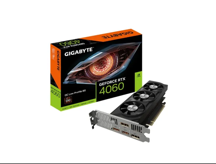 GIGABYTE GeForce RTX 4060 graphics card with three fans and multiple ports.