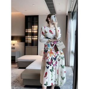 Nova quality⭐One person one pleat ⭐ One person one fold ※ Fashion print retro slimming Miyake fold dress summer new high-end temperament large size fat mm printed dress women