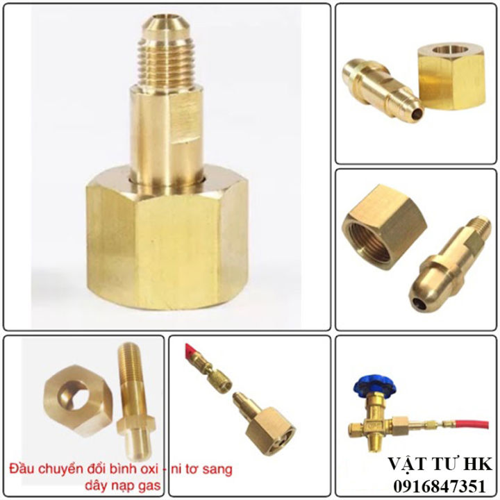 Đầu chuyển đổi dây dẫn bình khí oxi - nito sang dây nạp gas đồng hồ áp suất, đồng hồ hàn gió đá Mới