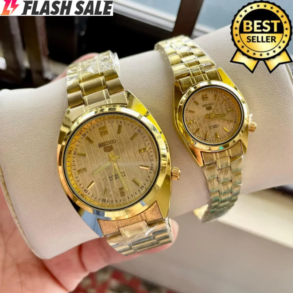 Seiko 5 21 Jewels Silver All Gold Stainless Steel Watch for Couple