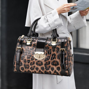 Aidrani Leopard Handbag Leather Womens Bag Large Capacity Boston Bag Fashion Versatile Cowhide One Shoulder Crossbody Bag