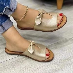 [Free Shipping] Casual And Fashionable Flat Sandals For Women Solid-Color Slippers WomenS Indoor Sandals With A Bow Design