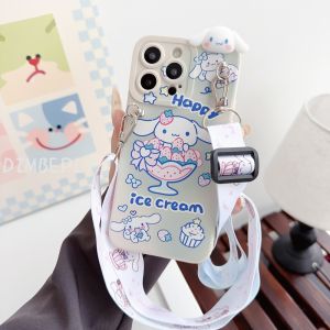 เคสโทรศัพท์สายลายการ์ตูน Cinnamoroll สำหรับ Xiaomi Poco F4 GT F6 Pro X5 X6 M5 M6 Pro Redmi 13 13C Note 11 12 13 Pro ตุ๊กตา3D ไอศกรีมน่ารักสุนัขที่มีฝาครอบนิ่มขาตั้งสายคล้อง