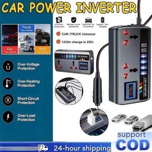 Smart Car Power Inverter 12/24V To 220V Universal Car Inverter QC3.0 Fast Charging with LCD Display