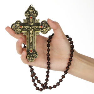 Catholic Trinity Metal Crucifix Jesus Christ Cross Pendant Necklace Wooden Rosary Beads Chain Necklace Women Men Jewelry Gift