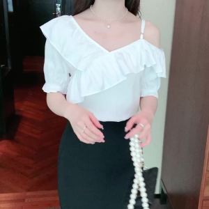 Ammin เสื้อเชิ๊ตผ้าชีฟองแขนสั้นเปิดไหล่เปิดไหล่เสื้อหรูหราสีขาว2024ใหม่สำหรับฤดูร้อน