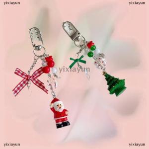 [COD] yixiayun Cute Christmas Tree Santa Claus Keychain Pendant Bow Fur Ball Bead Phone Chain Bag Hanging Backpack Charm Keyring Accessory Gift