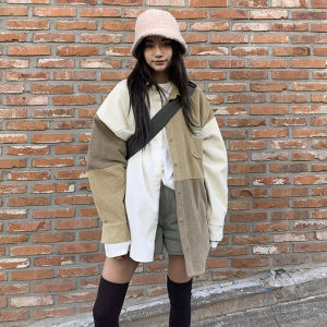 Kemeja Wanita Retro Jepang Korduroi Jaket Tren Longgar Lengan Panjang Atasan Kebesaran