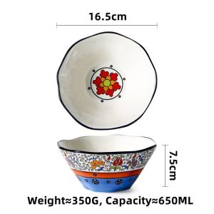OMK American Style Underglaze Ceramic Tableware Set Dinner Plate Deep Dish Binaural Handle Salad Bowl Blue Turkey Design Theme