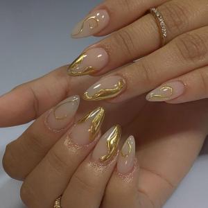 24pcs Almond Press On Nail Gold Line Designs Glossy Artificial Nail Stick on Nail Acrylic False Nail For Women Girls