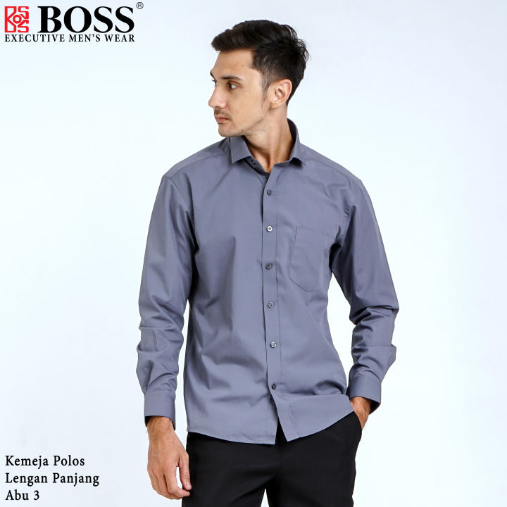 BOSS Kemeja Polos Pria Lengan Panjang Slim Fit Abu