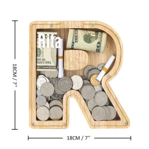 26 Letters English Alphabet Piggy Bank Wooden DIY Style Coin Money Saving Box Transparent Glass Jar Coins Storage Box Desktop Ornament Home Decor Crafts gift for kids