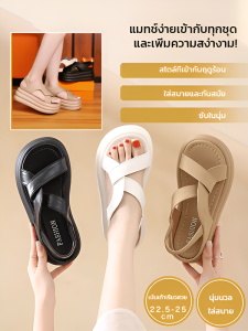 รองเท้าแตะโรมหัวกลมสําหรับผู้หญิง รองเท้าแตะส้นหนาลายเหยียบเหยื่อ