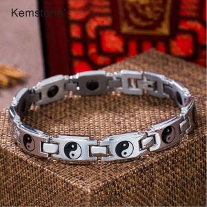 Kemstone 10MM Vintage Silver Plated Mens Religious Black Stone Titanium Steel Bracelet