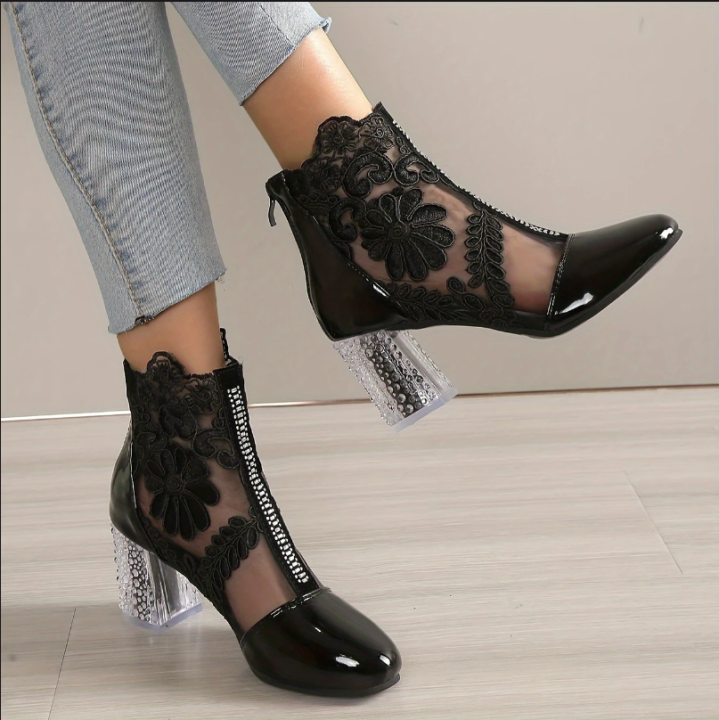 UCMVZO High Heel Women's Ankle Boots Floral Print Lace Back